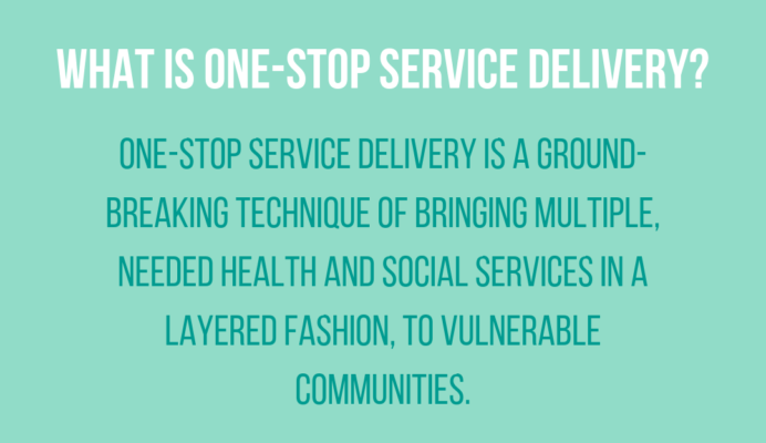 WHAT IS ONE-STOP SERVICE DELIVERY? One-Stop service delivery is a ground-breaking technique of bringing multiple, needed health and social services in a layered fashion, to vulnerable communities. 